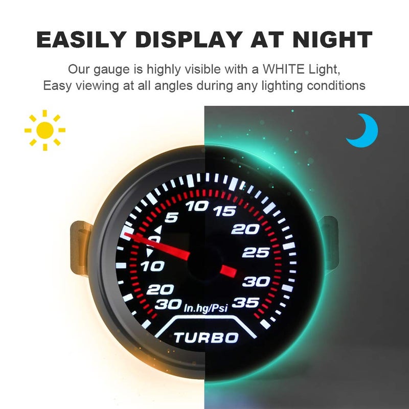 WATERWICH 35 PSI Turbo Boost/Vacuum Gauge Meter Kit Includes Mechanical Hose & T-Fitting - Black Dial - Clear Lens 2" 52mm 12V Universal for Car Truck - Image 4